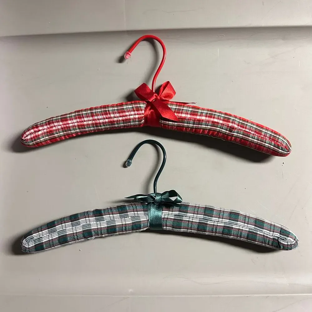 Set of 2 Vintage Padded Plaid Christmas Theme Hangers Adult Size